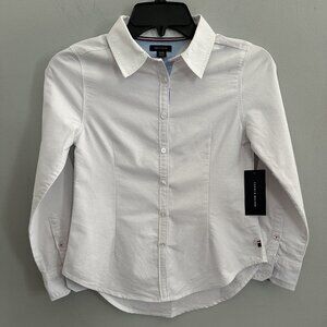 Tommy Hilfiger Girls' Button Down Shirt WHITE - Roll-Tab Sleeve Size M 8/10